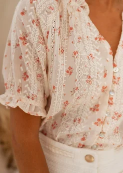 Best Blouse Carine Écrue - Broderie - Motifs Couleur PêcheEasy Clothes Femme Chemisiers & Blouses