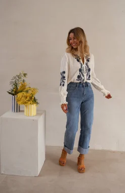 Fashion Blouse Salomé - Écrue & Bleue - BroderieEasy Clothes Femme Chemisiers & Blouses