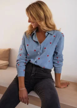 Discount Chemise Jack - En Jeans - Motifs Coeurs RougesEasy Clothes Femme Chemisiers & Blouses
