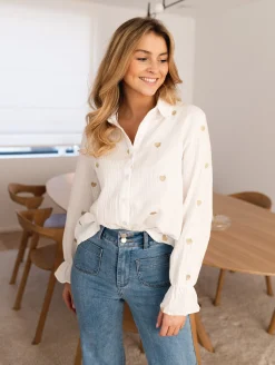 Outlet Chemise Vicky - blanche à coeurs dorésEasy Clothes Femme Chemisiers & Blouses