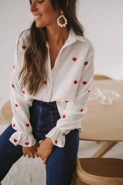 Sale Chemise Vicky - blanche à coeurs rougesEasy Clothes Femme Chemisiers & Blouses