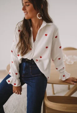 Sale Chemise Vicky - blanche à coeurs rougesEasy Clothes Femme Chemisiers & Blouses