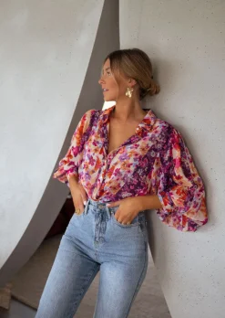 Fashion Chemisier Fauve à fleurs | Chemisier manches bouffantes | Prêt-à-porter en ligne | Easy Clothes Femme Chemisiers & Blouses