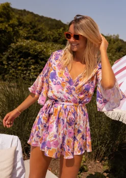 Discount Combi-short Basma mauve à fleurs | Combi-short cache-coeur | Prêt-à-porter en ligne | Easy Clothes Femme Combinaisons