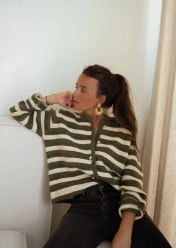 Fashion Gilet Bruce - Lignes Kakis & Beiges - Boutons Dorés DétachablesEasy Clothes Femme Pulls & Gilets