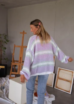 Best Sale Gilet Janet mauve, écru et vert | Gilet Bernadette ligné | Prêt-à-porter en ligne | Easy Clothes Femme Pulls & Gilets