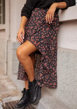 Online Jupe Mi Longue London - Noire Avec Motifs - FluideEasy Clothes Femme Jupes & Shorts