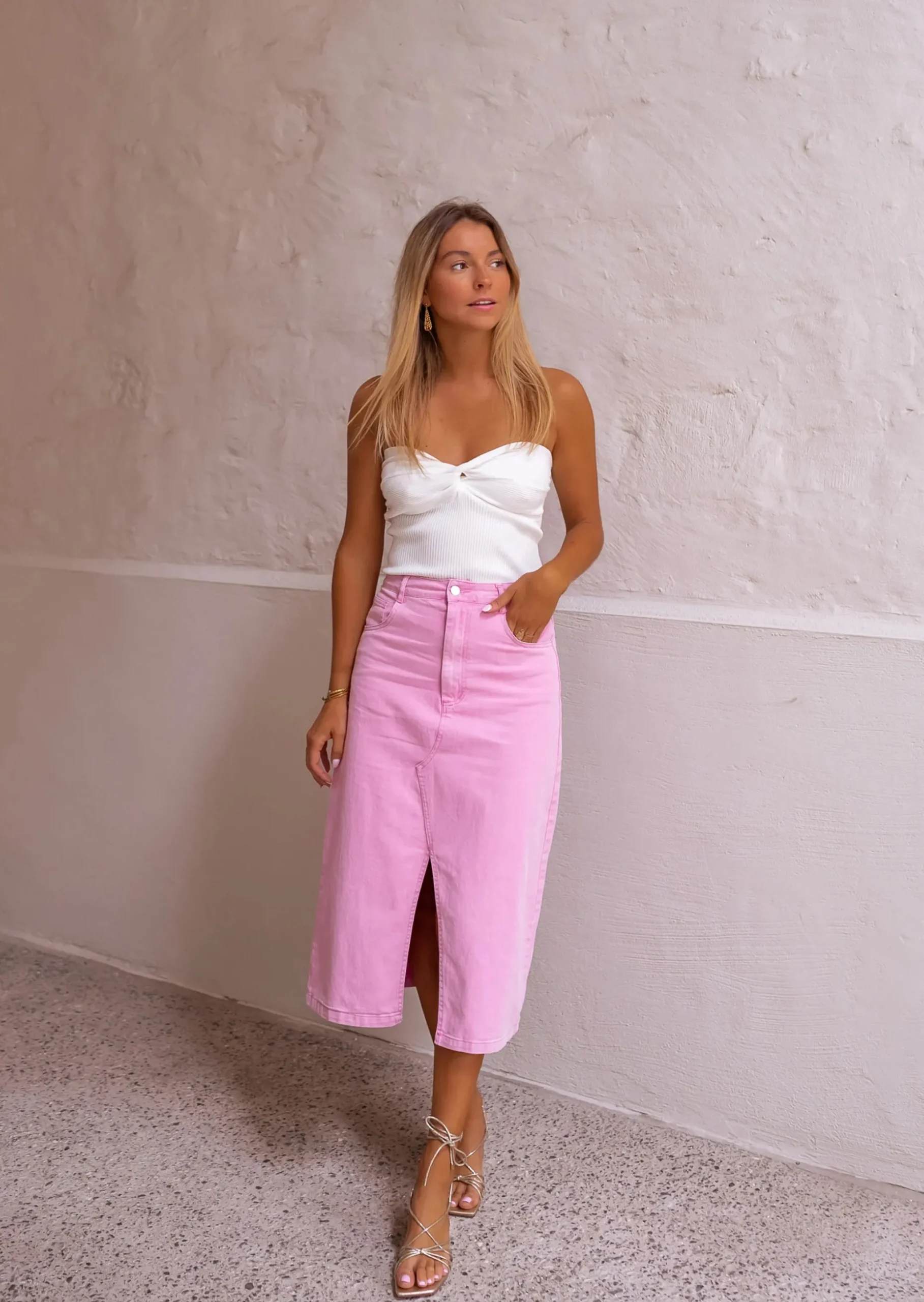 Clearance Jupe Perdita - En Jeans Rose - Mi Longue - Légèrement FendueEasy Clothes Femme Jupes & Shorts