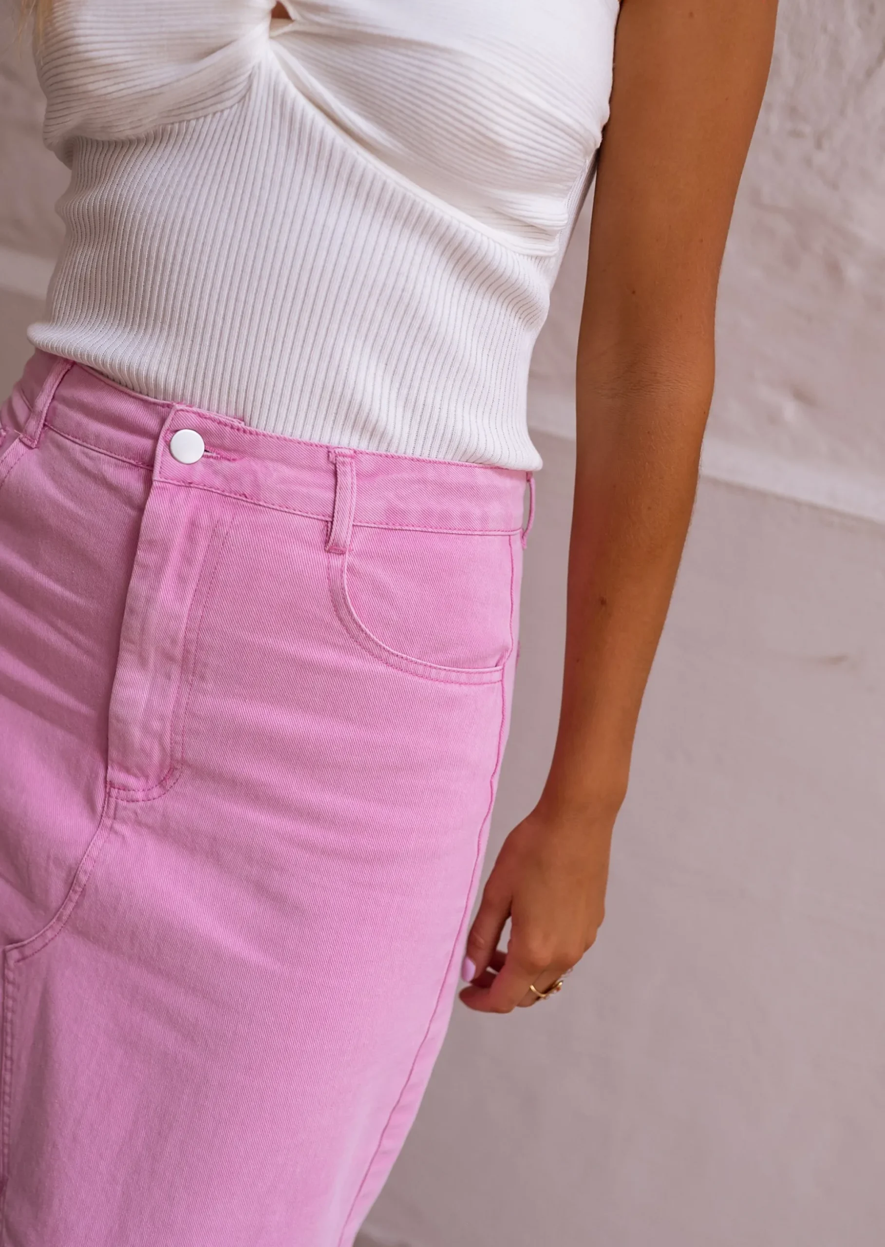 Clearance Jupe Perdita - En Jeans Rose - Mi Longue - Légèrement FendueEasy Clothes Femme Jupes & Shorts