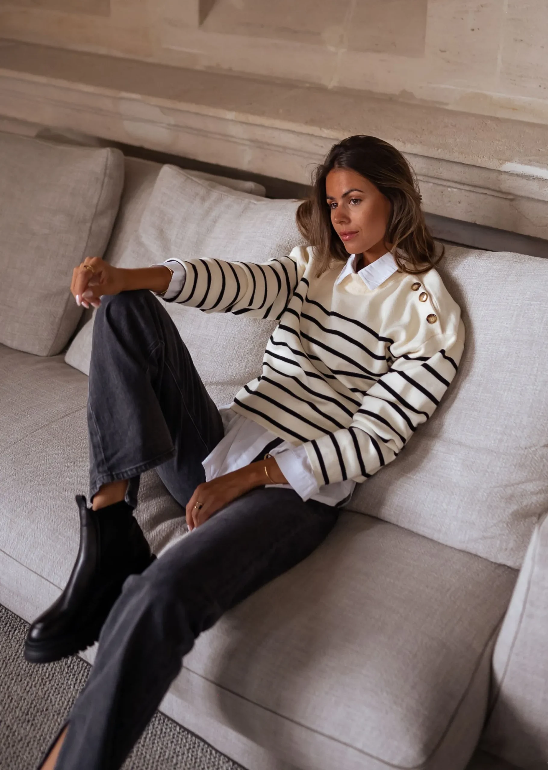 Discount Pull Manou à lignes - écru et noirEasy Clothes Femme Pulls & Gilets