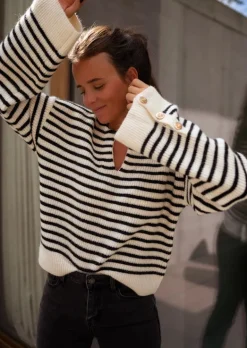 Cheap Pull Mathilde - Ligné - Noir & Écru - Col VEasy Clothes Femme Pulls & Gilets