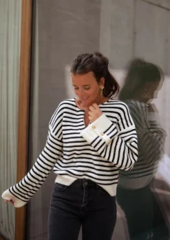 Cheap Pull Mathilde - Ligné - Noir & Écru - Col VEasy Clothes Femme Pulls & Gilets