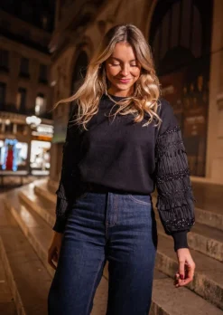 Store Pull Noir - Davia - Manches PaillettesEasy Clothes Femme Pulls & Gilets
