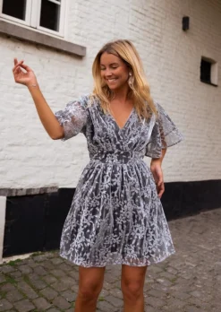 New Robe Celisse Argentée - Motifs à Fleurs - Col V - DoubléeEasy Clothes Femme Robes