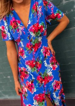 Clearance Robe Dana bleue à fleurs | Robe fendue à fleurs | Prêt-à-porter en ligne | Easy Clothes Femme Robes