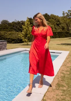 Hot Robe longue Baya rose à pois | Robe rouge midi | Prêt-à-porter en ligne | Easy Clothes Femme Robes