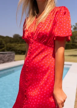 Hot Robe longue Baya rose à pois | Robe rouge midi | Prêt-à-porter en ligne | Easy Clothes Femme Robes
