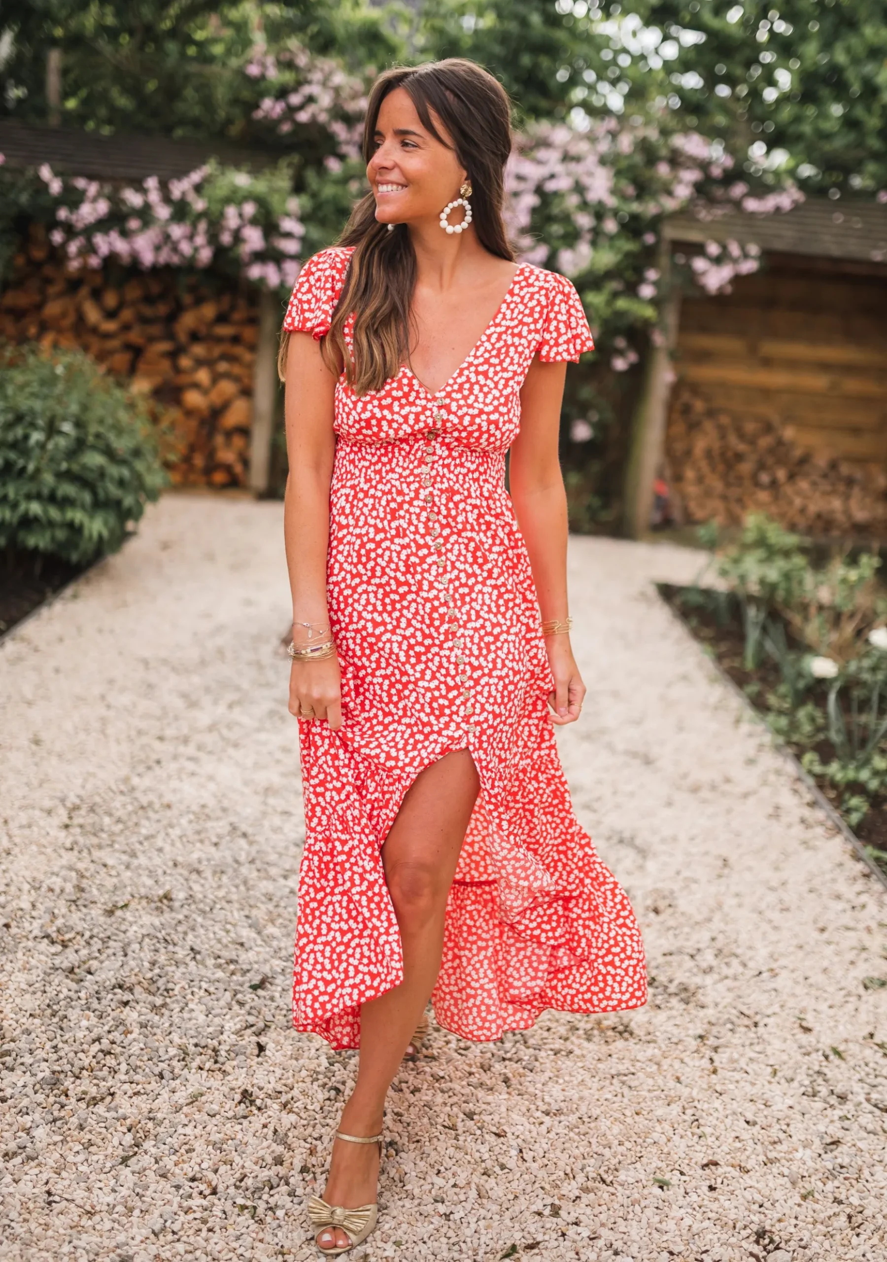 Cheap Robe longue Jackie - rouge à fleurs blanchesEasy Clothes Femme Robes