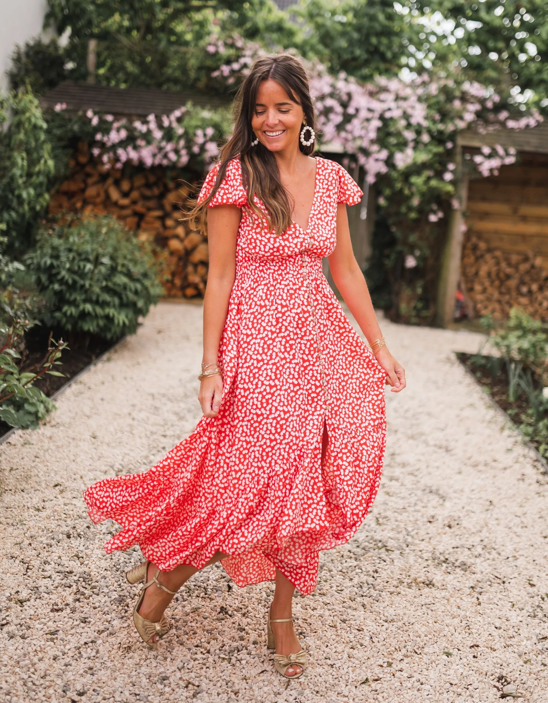 Cheap Robe longue Jackie - rouge à fleurs blanchesEasy Clothes Femme Robes