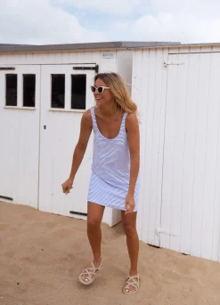 Sale Robe Lovy en éponge bleu et écru à lignes | Robe de plage courte | Prêt-à-porter en ligne | Easy Clothes Femme Robes