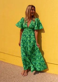 Clearance Robe Tiphaine verte à motifs | Robe longue dos nu | Prêt-à-porter en ligne | Easy Clothes Femme Robes