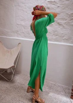 Best Robe Verte Pamela - Gaze De Coton - Col V Profond - FluideEasy Clothes Femme Robes